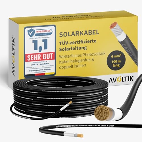 avoltik Solarkabel 6mm2 in 100 m I TÜV-zertifizierte Solarleitung für Photovoltaik 1500V I robustes Solar Verlängerungskabel H1Z2Z2-K I wetterfestes Photovoltaik Kabel halogenfrei doppelt isoliert von avoltik