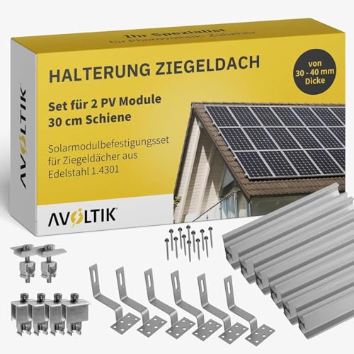 Solar Halterung Ziegeldach I Set für 2 PV Module 30-40mm I Solarmodul Halterung Balkonkraftwerk I Solarmodulbefestigungsset für Ziegeldächer aus Edelstahl 1.4301 von avoltik
