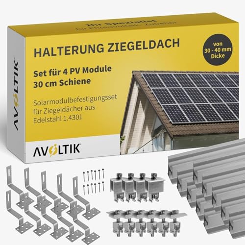Solar Halterung Ziegeldach I Set für 4 PV Module 30-40mm I Solarmodul Halterung Balkonkraftwerk I Solarmodulbefestigungsset für Ziegeldächer aus Edelstahl 1.4301 von avoltik
