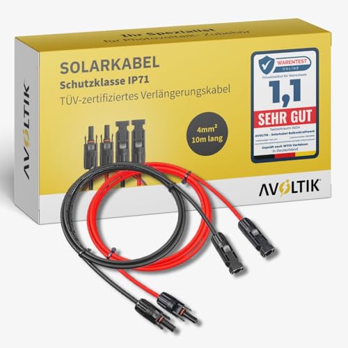 Solarkabel 4mm2 in 10m I 1 Paar TÜV-zertifiziertes Balkonkraftwerkkabel I robustes PV Kabel doppelt isoliert & wetterfest I IP67 Solar-Anschlusskabel I Photovoltaik Kabel rot & schwarz von avoltik
