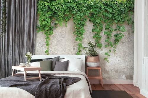 Fototapete Betonmauer mit Blätterranken grün grau Blätter Betonoptik | 3,50 x 2,55 m von awallo