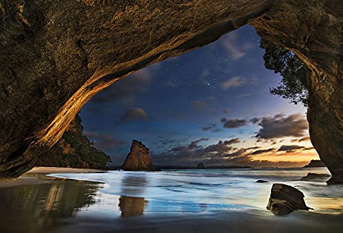 Fototapete Natur Strand Meer Höhle Sterne Schlafzimmer | 3,84 m x 2,6 m | Blau, Braun, Gelb, Grün, Weiß von awallo