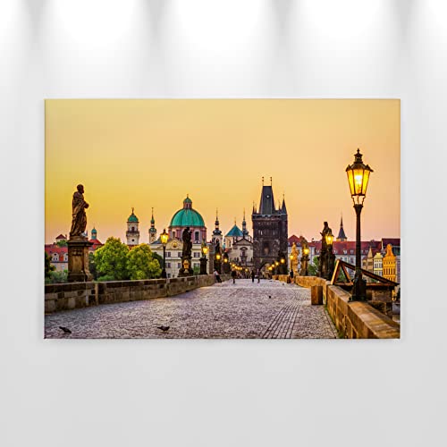 Leinwandbild Karlsbrücke Prag Gelb Beige Grau 90x60cm von awallo