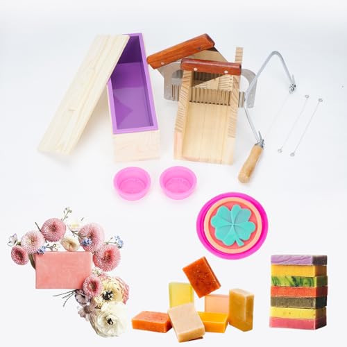 awliye 9 Stück Seifenschneider Set DIY Seifen Silikonform Set, Verstellbar Holzseifenform, Seifenherstellung Handgefertigt Seife Werkzeug mit Holzkasten von awliye