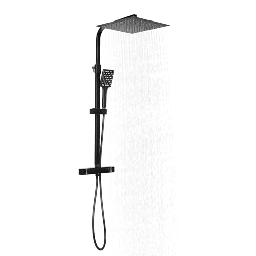 awolsrgiop Duscharmatur mit thermostat Schwarz, Edelstahl Duscharmatur Komplettset Schwarz mit 30 X 30 CM Kopfbrause Duschkopf, Handbrause, Schlauch und Halterung, Chrom von awolsrgiop