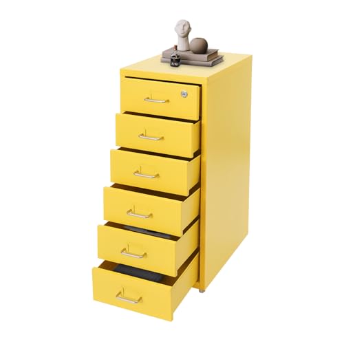awolsrgiop Metall Aktenschrank mit 6 Schubladen, Abschließbarer Schubladenschrank Rollcontainer mit Rädern, 8-10 kg pro Ebene, Metall Kommode für Büro, Homeoffice, Werkstatt, Gelb von awolsrgiop