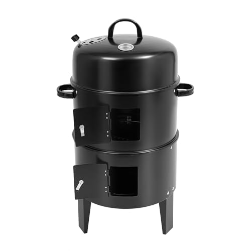 awolsrgiop Räucherofen 3 in 1 Smoker Grill, 84cm Holzkohlegrill mit Thermometer, Räuchertonne mit Verstellbaren Lüftungsschlitzen, Für Garten Camping BBQ, Schwarz von awolsrgiop