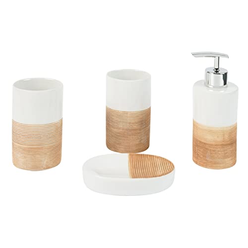 axentia Accessoires Rimini-Bad Utensilien-4-teiliges Badezimmer Set aus Seifenspender, Seifenschale & Zahnputzbechern-Badzubehör wiederbefüllbar, Keramik, Beige, 1 x 1 x 1 cm von axentia