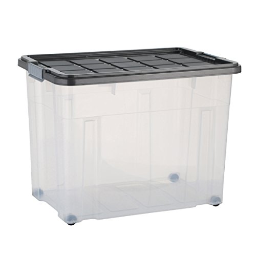 axentia Aufbewahrungsbox mit Rollen & Deckel, Stapelbox aus Kunststoff 80 Liter, Eurobox transparent, Maße: ca. 60 x 40 x 44,5 cm, Anthrazit, blau oder gelb - Farbe nicht wählbar von axentia
