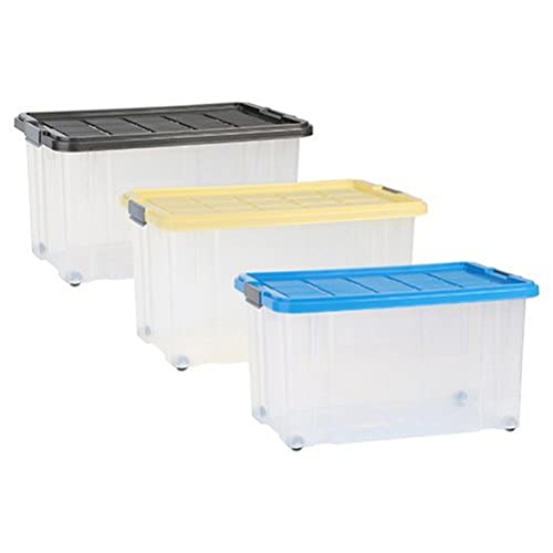 axentia Aufbewahrungsbox mit Rollen & Deckel, Stapelbox aus Kunststoff 55 Liter, Eurobox transparent, Maße: ca. 60 x 40 x 34 cm, Anthrazit, blau oder gelb - Farbe nicht wählbar von axentia