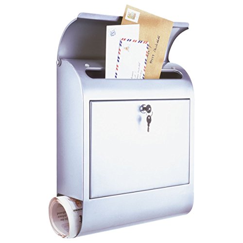 axentia Briefkasten in Silber, Postbox mit Zeitungsfach, Postkasten mit Namensschild und 2 Schlüsseln, Mailbox mit breitem Schlitz, Wandbriefkasten mit Regenschutz von axentia