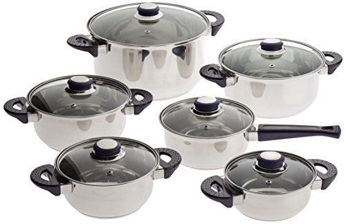 axentia Edelstahl-Topfset Karin 6-teilig, 5 Kochtöpfe & 1 Stiel-Kasserolle mit Glasdeckel, Kochtopf-Set mit Schüttrand & Sandwichboden für optimale Wärmeverteilung, Topf-Set für alle Herdarten geeignet (außer Induktion), Ø von 14 - 24 cm von axentia