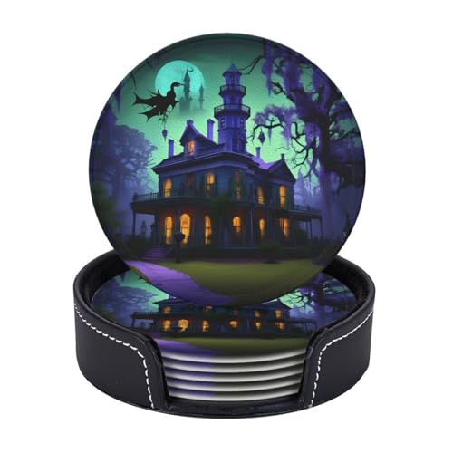 Schwarze Haunted Mansion Print 6 Stück praktische funktionale Getränkeuntersetzer Kaffee Büro Zuhause Tischschutz von axzttupy