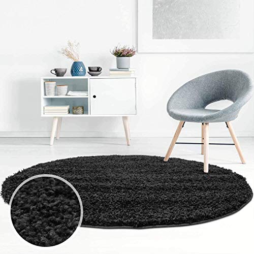 ayshaggy Shaggy Teppich Hochflor Langflor Einfarbig Uni Schwarz Weich Flauschig Wohnzimmer, Größe: 80 x 80 cm Rund von ayshaggy