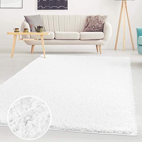 Hochflor Teppich Shaggy Einfarbig Weiß - 60x110 cm Rechteckig - Flauschig & Weich - Wohnzimmerteppiche - Langflorteppich Schlafzimmer Uni Modern von carpet city