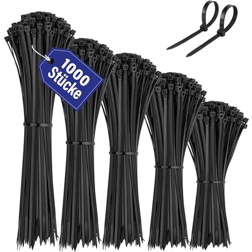 AZISHA Kabelbinder Schwarz - Kabelbinder UV Beständig - Kabelbinder Set 100/150/200/250/300mm Lang - Selbsthemmend Cable Ties - Nylon Zip Ties - Kabel Binder Für Kabelmanagement,Werkstätten-1000 Stück von azisha