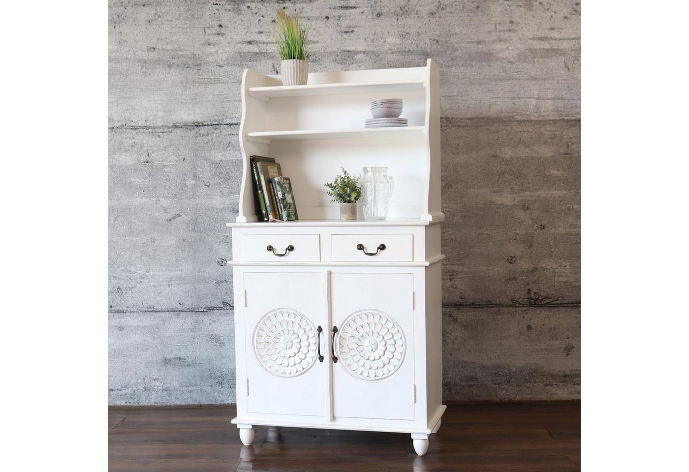 baario Highboard Highboard BLATO Shabby weiß, massiv Kommode mit Regalaufsatz Schnitzerei von baario