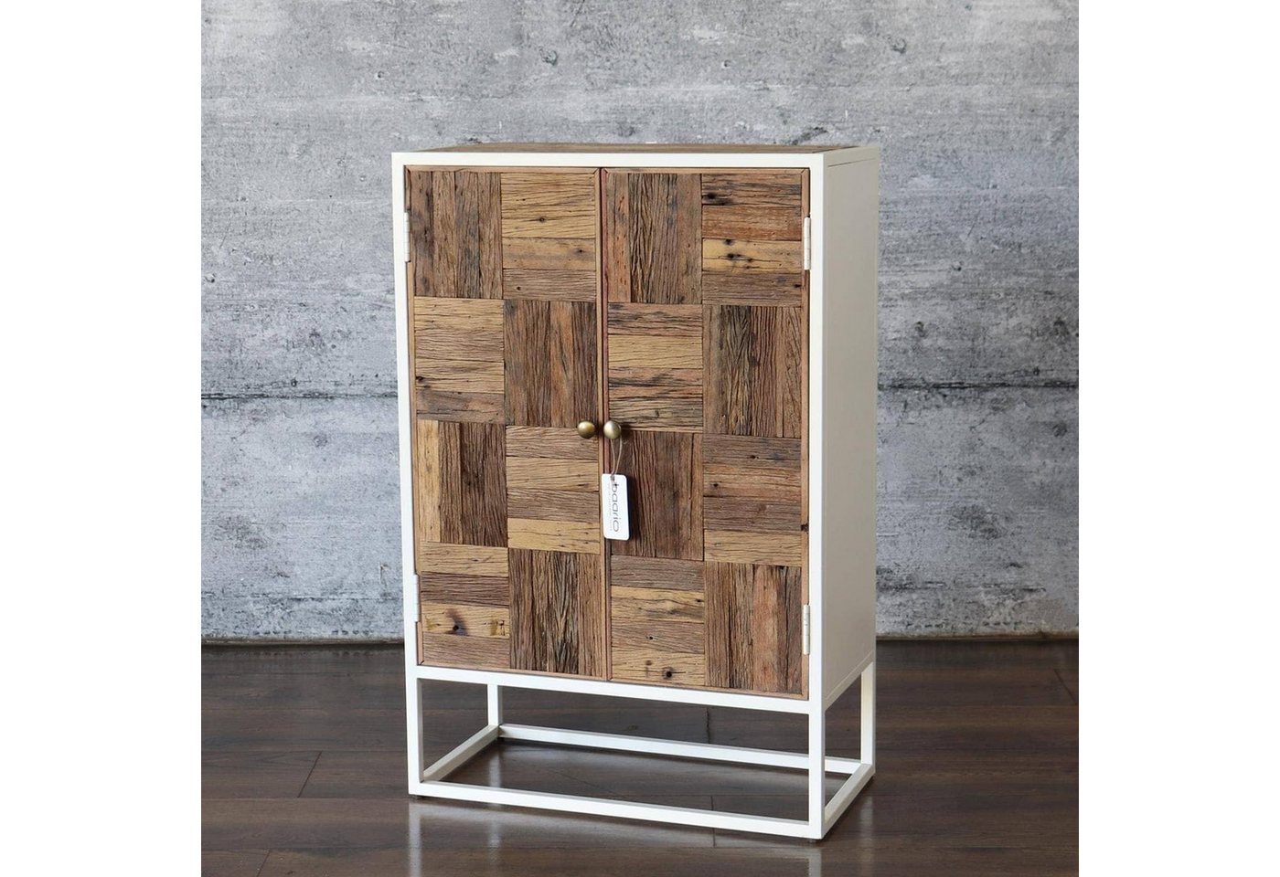 baario Highboard Highboard TRIBECA Altholz, schmal Metall recycelt Industrial Design weiß von baario