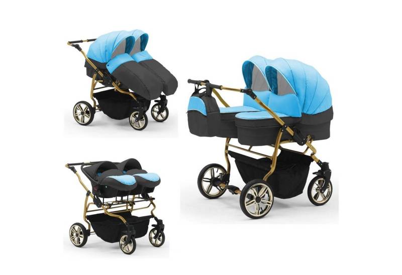 BabyMerc Zwillingswagen Duet Lux Gold 4 in 1 inkl. Sportsitze und Autositze in 20 Farben von BabyMerc