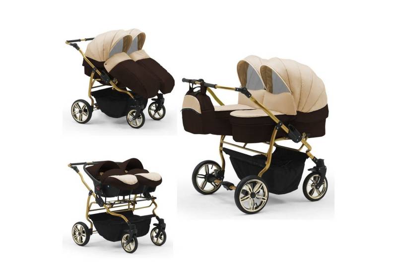 BabyMerc Zwillingswagen Duet Lux Gold 4 in 1 inkl. Sportsitze und Autositze in 20 Farben von BabyMerc