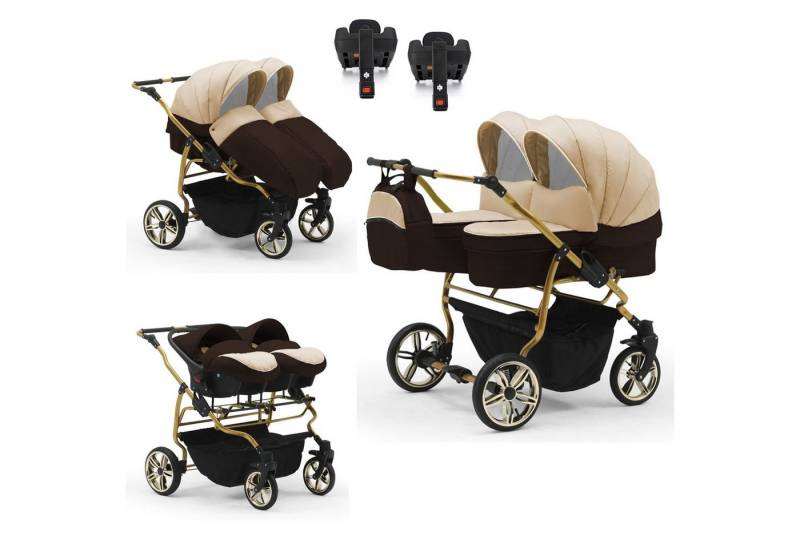 BabyMerc Zwillingswagen Duet Lux Gold 5 in 1 inkl. Sportsitze, Autositze und Isos in 20 Farben von BabyMerc