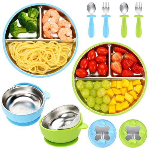6PCS Edelstahl Babyteller mit Saugnapf, 2 Breischale Baby schüssel und 2 Löffel Gabeln, Geteilte Teller mit Abnehmbarem Silikon-Ärmel, Rutschfest Kinderteller, BPA Frei, Spülmaschinenfest von babikeen