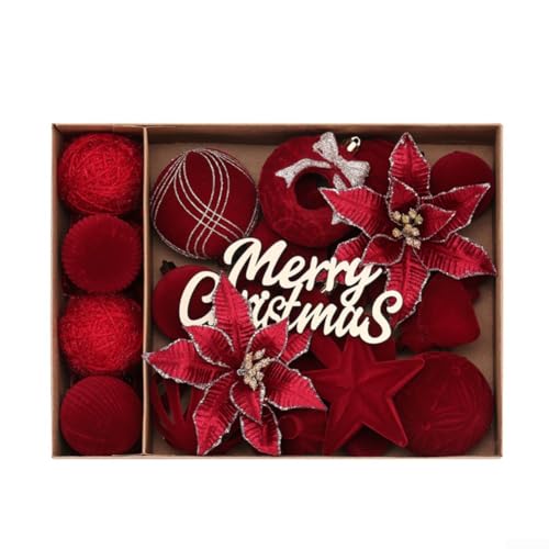 babominimer Festive 38 Stück Weihnachtsschmuck mit beflockten Blumen und bruchsicheren Kugeln in traditionellem Rot und Grün für Baum, Kranz und Heimdekoration (dunkelrot) von babominimer