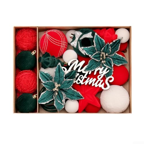 babominimer Festive Weihnachtsschmuck mit beflockten Blumen und bruchsicheren Kugeln in traditionellem Rot und Grün für Baum, Kranz und Heimdekoration (rot, grün, weiß), 38 Stück von babominimer