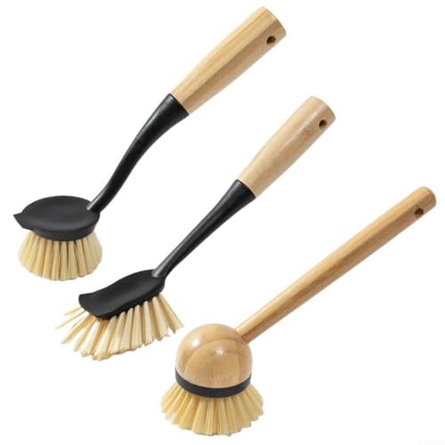 babominimer Geschirrbürsten-Set aus Holz mit langem Griff, 3-teilig, Küchenreinigungswerkzeuge mit Schaber für Töpfe, Schüsseln, Haushaltsreinigung, weiß, schwarz (schwarz) von babominimer