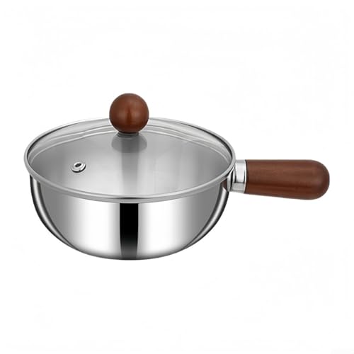 babominimer Milchtopf aus Edelstahl mit Holzgriff, kleiner Kochtopf zum Kochen, Ramen-Saucenpfanne, flacher Boden, kompatibel mit Induktions-, Gas- und Elektroherd (14 cm mit Deckel) von babominimer