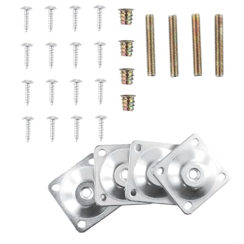 babominimer Möbelbein-Montageplatten 4er Set mit M8 Metalldübelschrauben, Schwerlast-Eisenhalterungen zur sicheren Befestigung von Sofa-, Stuhl- und Tischbeinen aus Holz, waagerecht bzw von babominimer