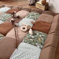 Patchwork Krabbeldecke Mit Name Sumatra Cord Salbei Rost Krabbelmatte Spielmatte von babrause