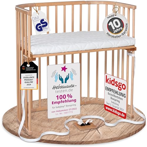 babybay Boxspring Beistellbett aus massivem Buchenholz/kompakt & verwandelbar/Kinderbett Höhe stufenlos verstellbar & umweltfreundlich/mitwachsendes Babybett (Natur lackiert) / inkl. Matratze von babybay