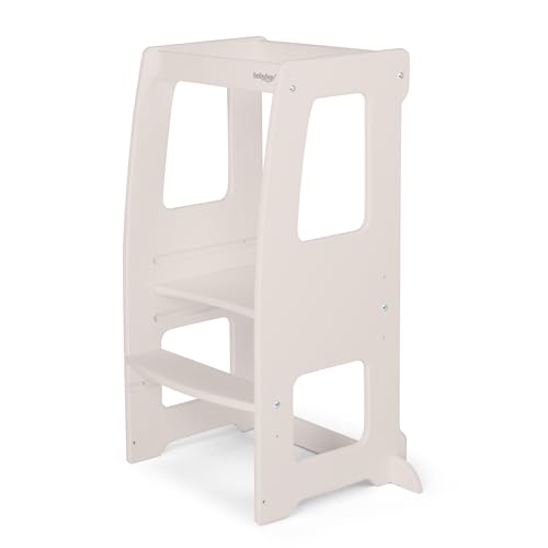 babybay Lernturm Littlefoot, maximale Kippsicherheit durch massives Buchenholz, Förderung der Motorik, dreifach höhenverstellbar, ergonomischer Einstieg, Aussparung für Küchengriffe, beige lackiert von babybay