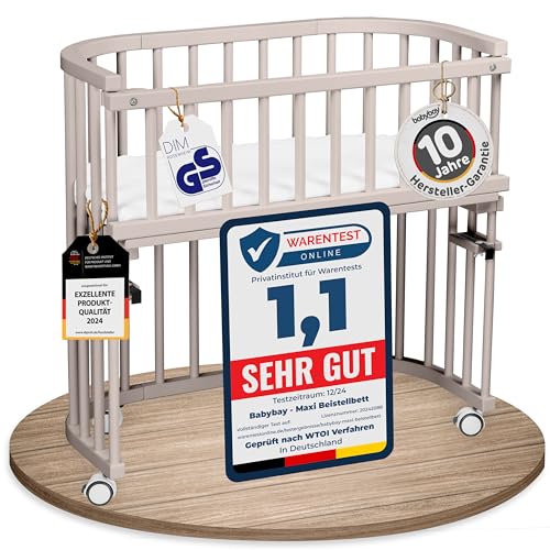 babybay Maxi extra großes Beistellbett aus massivem Buchenholz/Kinderbett Höhe stufenlos verstellbar & umweltfreundlich/mit Matratze, Gitter, Rollen (beige lackiert) von babybay