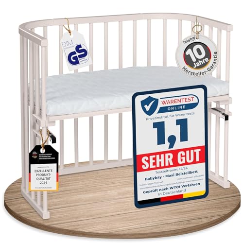 babybay Maxi extra großes Beistellbett aus massivem Buchenholz/Kinderbett Höhe stufenlos verstellbar & umweltfreundlich/mit Matratze Classic Soft (beige lackiert) von babybay