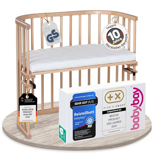 babybay Original Beistellbett aus massivem Buchenholz/kompakt & verwandelbar/Kinderbett Höhe stufenlos verstellbar & umweltfreundlich/mitwachsendes Babybett (Natur lackiert) / inkl. Matratze von babybay