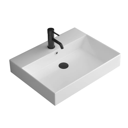 Alpenberger Aufsatzwaschbecken 60 cm Breit für Badezimmer | Keramik Handwaschbecken mit Überlauf | Waschtisch als Aufsatzwaschbecken oder Wandaufhängung | Waschbecken Klein & Eckig für Gäste WC von VO design