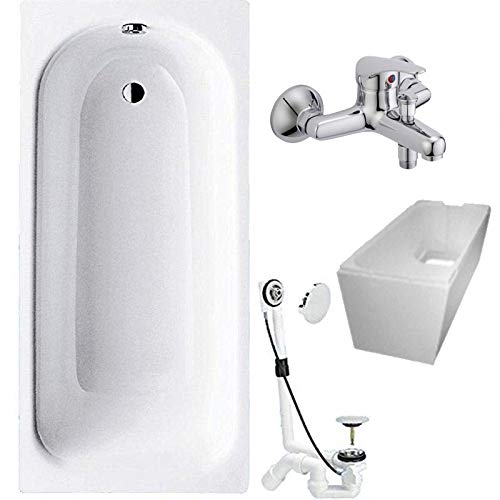 Badewanne 4-in-1 KOMPLETT SET Stahl Rechteckwanne 160 x 70cm weiß inkl. Wannenträger, Ablaufgarnitur und Wandarmatur von badosan