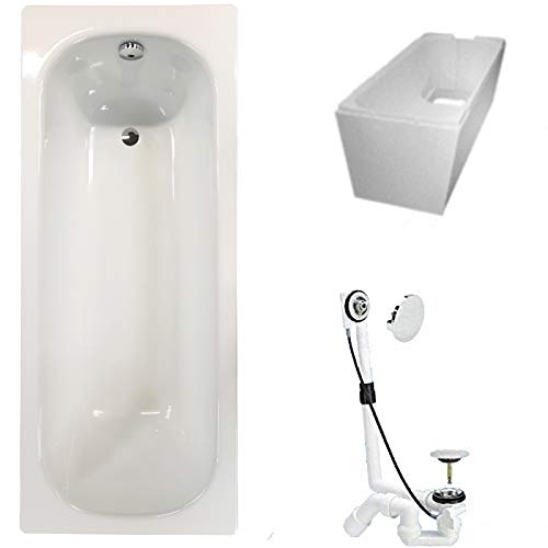 Badewanne Stahl KOMPLETT SET 160 x 70cm + Wannenträger + Ablaufgarnitur weiß von badosan