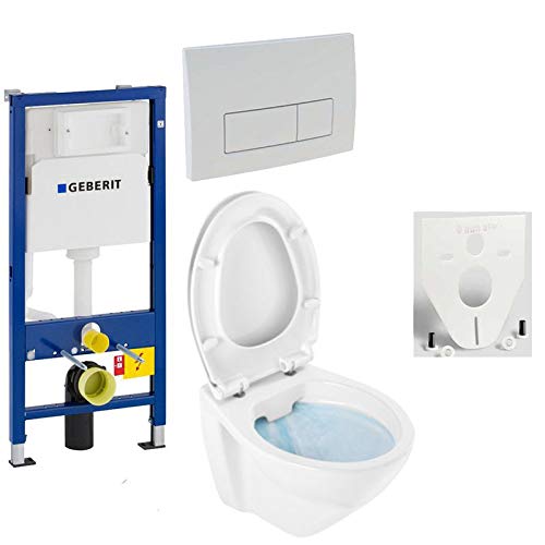 GEBERIT Duofix Vorwandelement Basic + Wand Tiefspül WC LIFE SPÜLRANDLOS + WC-Sitz + Betätigungsplatte DELTA51 von badosan