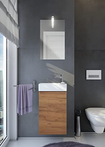 badselekt Badezimmermöbel-Set 3-teilig Eiche hell Gästebad-Set mit Unterschrank, Waschbecken kleinem Spiegel mit LED Beleuchtung ideal für kleine und schmale Toilette mit Waschplatz. von badselekt