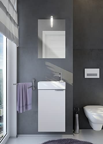 badselekt Badezimmermöbel-Set 3-teilig Weiß Hochglanz Gästebad-Set mit Unterschrank, Waschbecken kleinem Spiegel mit LED Beleuchtung ideal für kleine und schmale Toilette mit Waschplatz. von badselekt