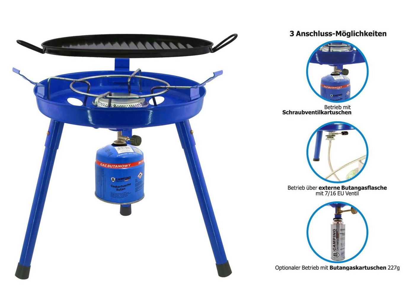 bahama Camping-Gasgrill 3 Anschlussmöglichkeiten, 3in1 Camping Gasgrill Gaskocher Campingkocher Herd Gasherd Kochfeld Kocher Party Grill von bahama