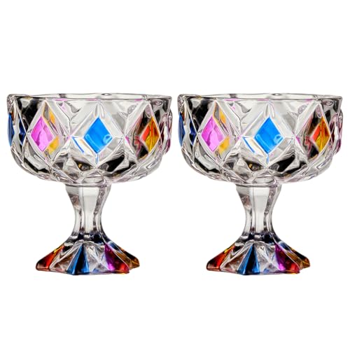 bainuote Eisbecher Glas Set Dessertschale auf Fuß 2er Eisschalen Dessertschalen Blei Frei Eisschale Glas Ice Cream Cups 280ml Eis Gläser Glasschalen Dessertgläser, Vintage-Bunt, Spülmaschinenfest von bainuote