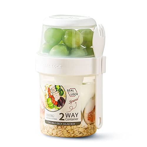 bainuote Joghurtbecher 2 in 1 Müslibecher to go Auslaufsicherer Müsli to Go Becher 310ml+560ml Salatbecher BPA-freie Lunchbox zum Frühstück oder Mittagessen für unterwegs mit Löffel Soßendose - Weiß von bainuote