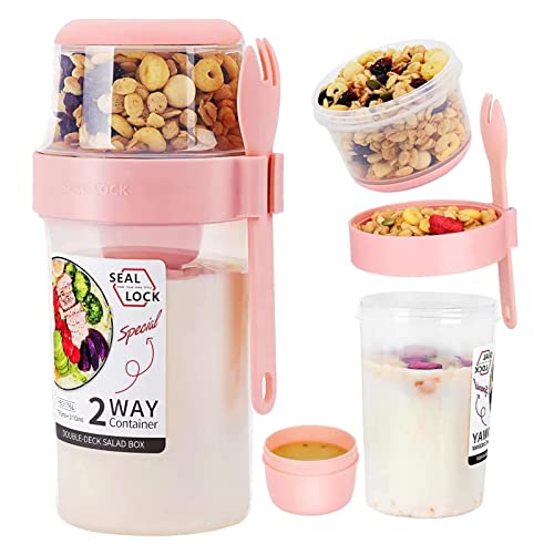 bainuote Salatbecher Joghurtbecher 2 in 1 Müsli to Go Becher Auslaufsicherer 310ml+760ml BPA-freie Lunchbox zum Frühstück oder Mittagessen für unterwegs mit Löffel Soßendose - Pink von bainuote