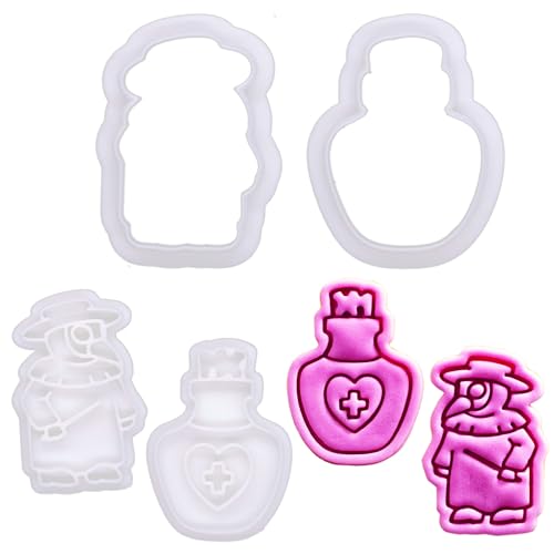 BAKERLOGY Mini Pestdoktor & Trank Ausstechform und Prägestempel Set (5cm) – Pestdoktor und Medizinflasche Design Cupcake Fondant Präger für Halloween, Gothic und medizinisch inspirierte Backwaren von bakerlogy