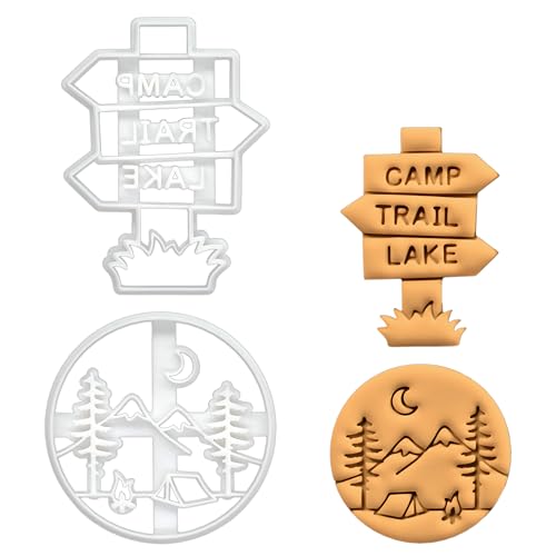 BAKERLOGY Sat von 2 Camping im Freien Ausstechformen (Formen: Wanderweg Schild und Campingszene) - Detailliertes Keksausstecher-Design zum Backen und Basteln, ideal für Fondant, Teig, Ton von bakerlogy