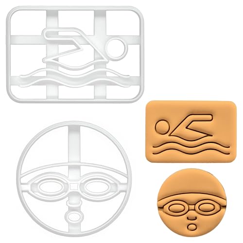 BAKERLOGY Sat von 2 Schwimmsport Ausstechformen (Formen: Gesicht eines Schwimmers und Schwimmsymbol) - Detailliertes Keksausstecher-Design zum Backen und Basteln, ideal für Fondant, Teig, Ton von bakerlogy